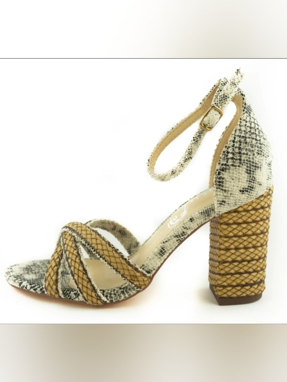 Buckle Snake-Print Sandals with Braided Gold and Tan Straps